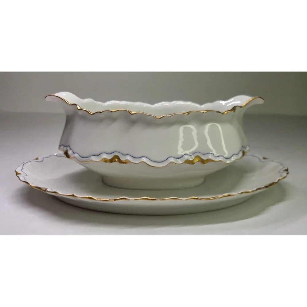 Antique Haviland Limoges Gravy Boat With Attached Under Plate Gold Blue France